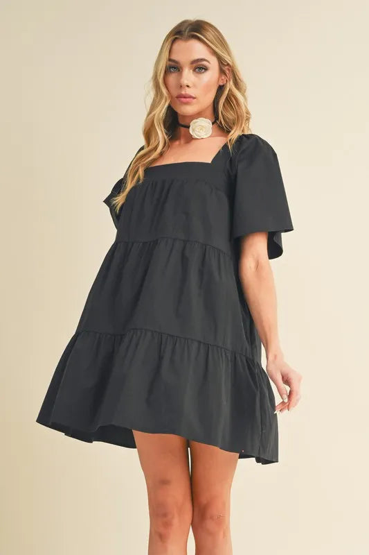 Square Neck Half Sleeve Tiered Dress