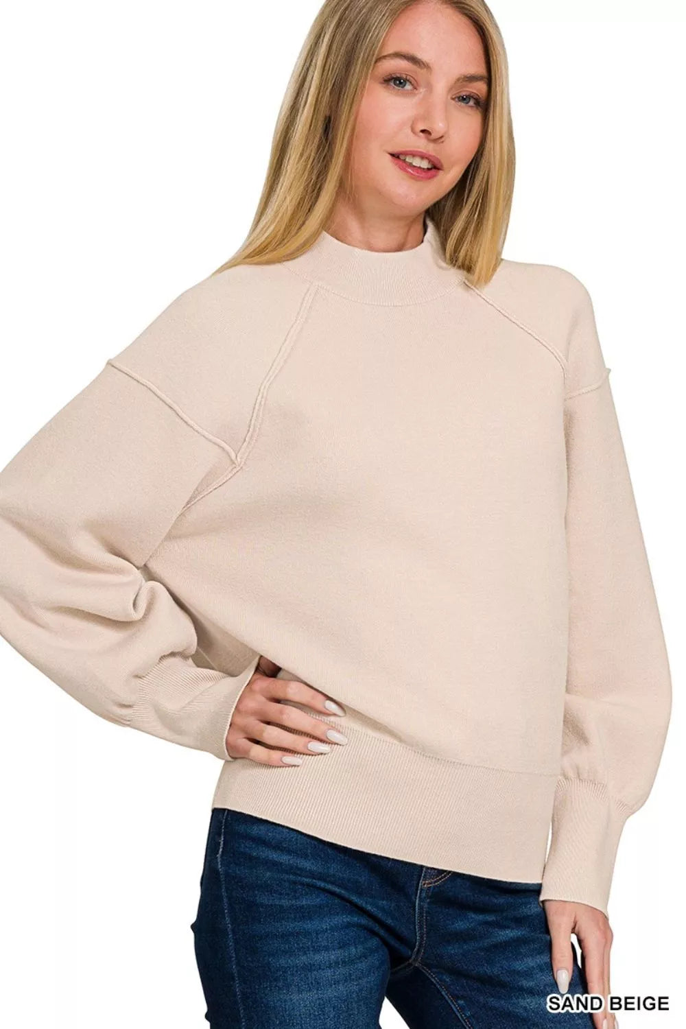 Viscose Mock Neck Exposed Seam Sweater