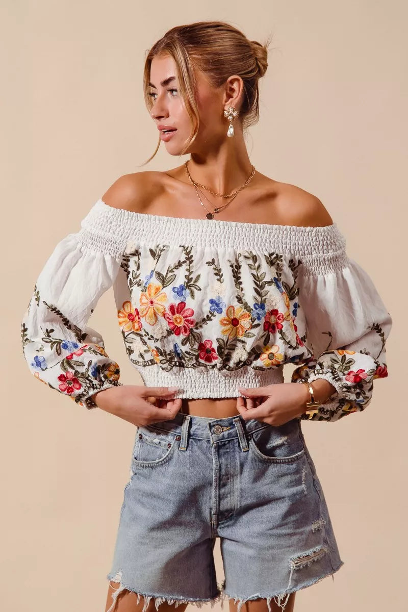 Floral Embroidered Off The Shoulder Crop Top