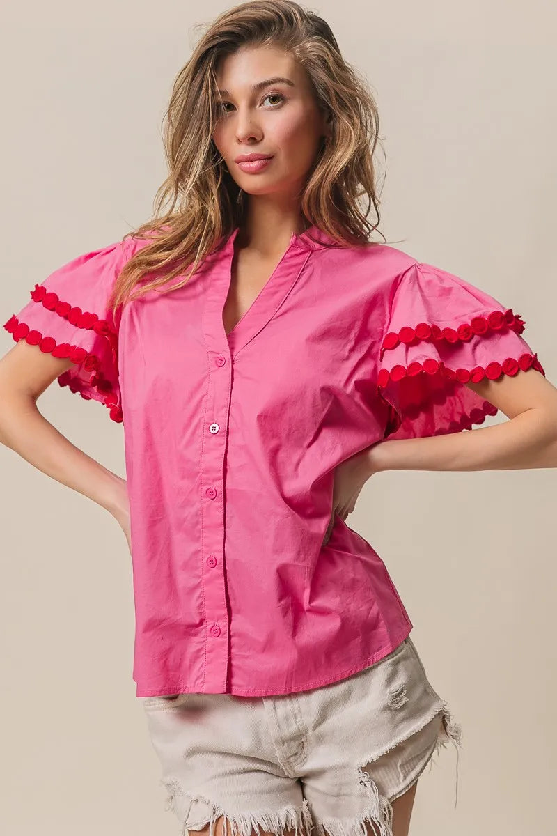 Dot Trim Flutter Sleeve Notched Top