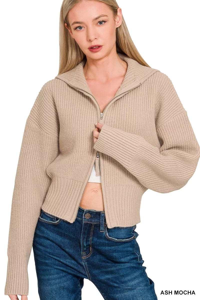 Ribbed Collared Zip Up Sweater Cardigan