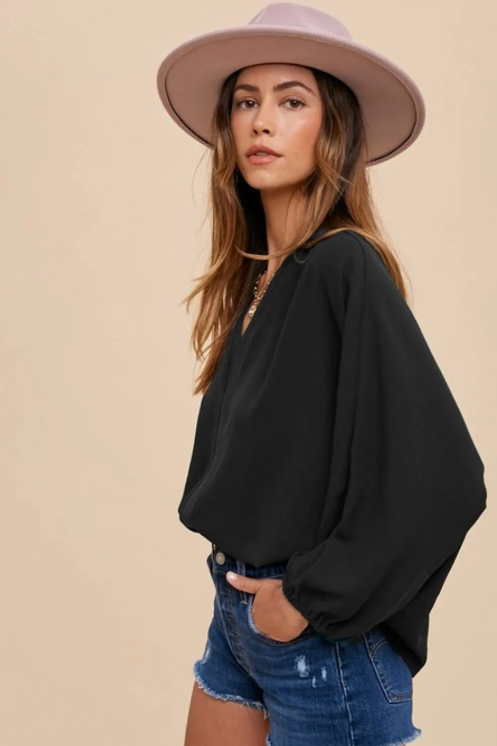 Notched Batwing Sleeve Blouse