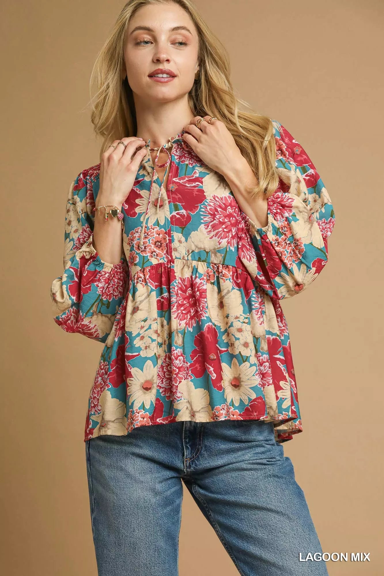 Mix Floral Peplum Blouse with Tie Neck
