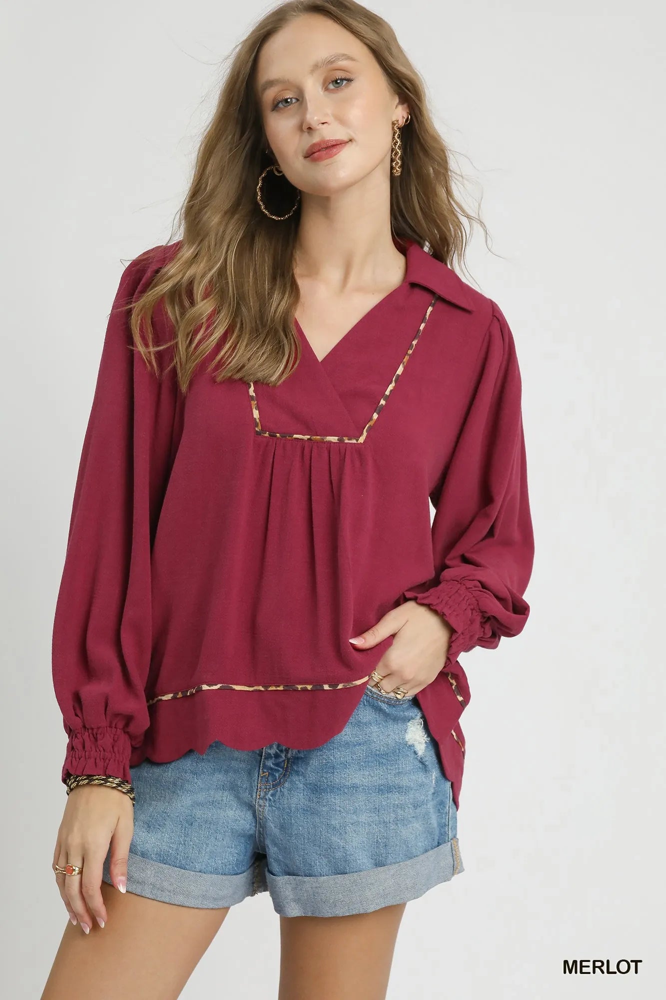 Full Size Linen Scallop Hem Blouse with Contrast Trim Plus Size