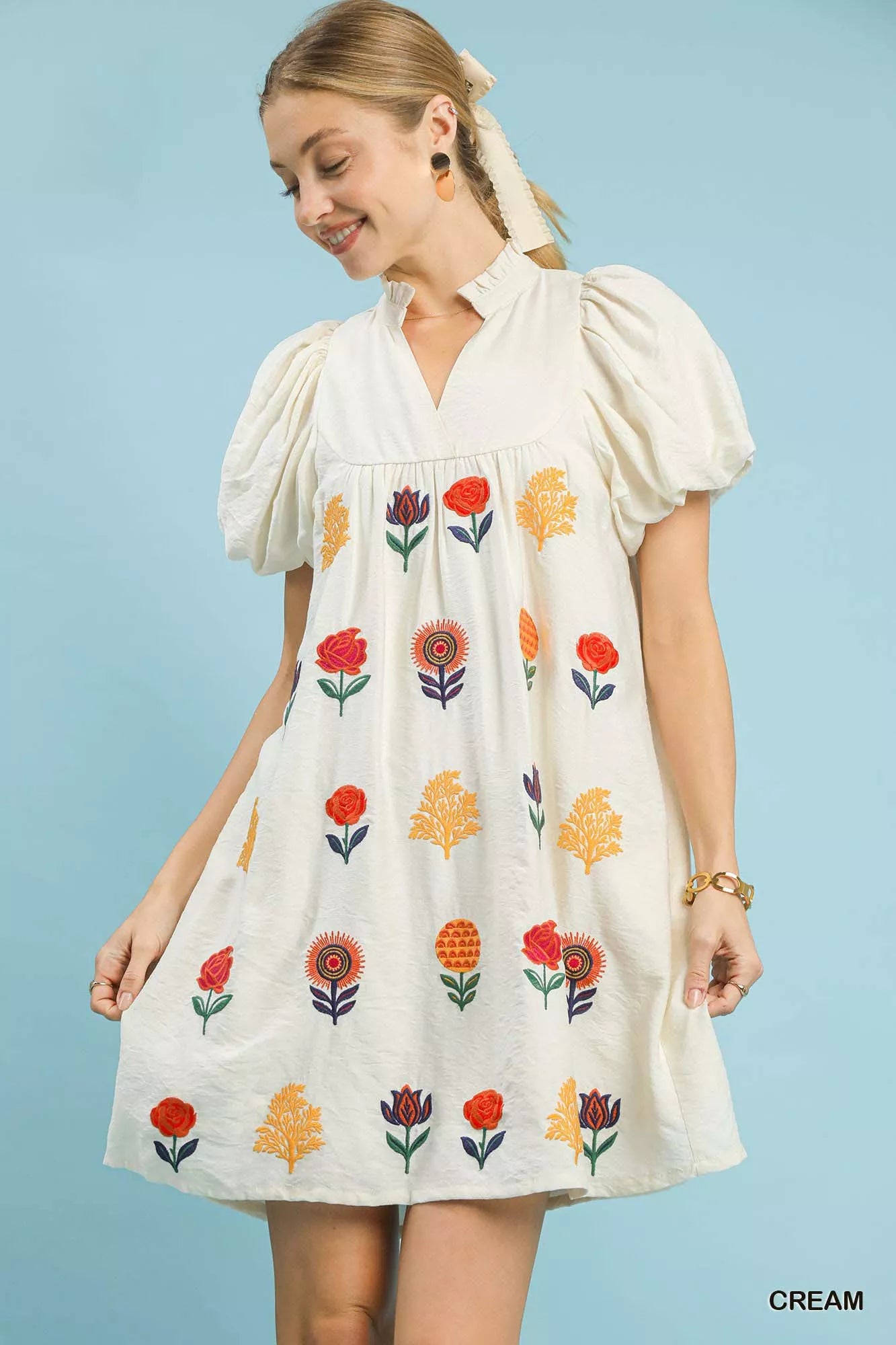 Floral Embroidered Puff Sleeve Mini Dress