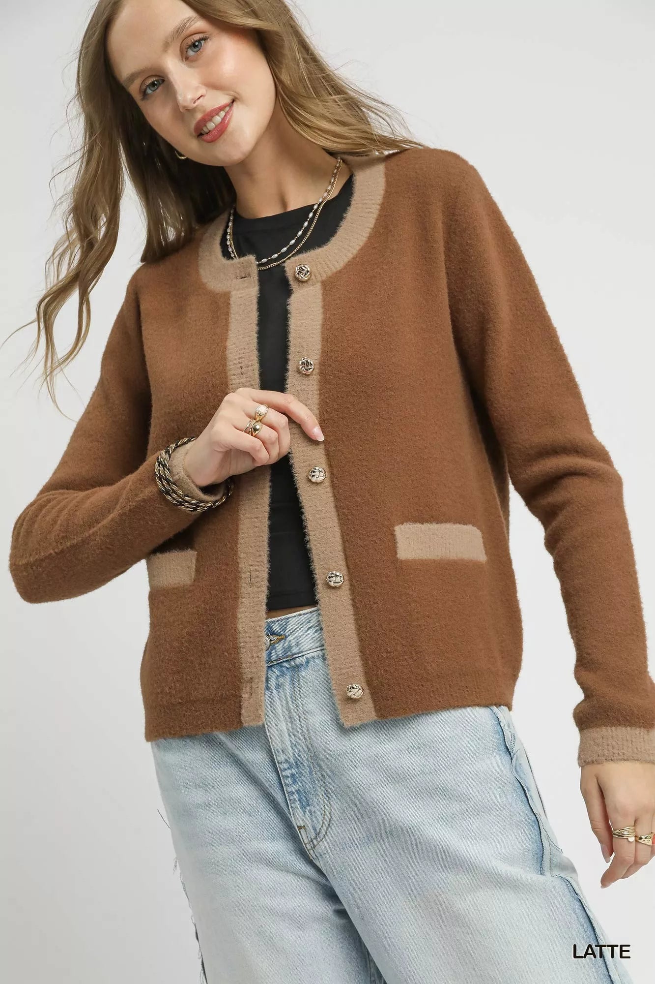 Two-Tone Button Front Cardigan