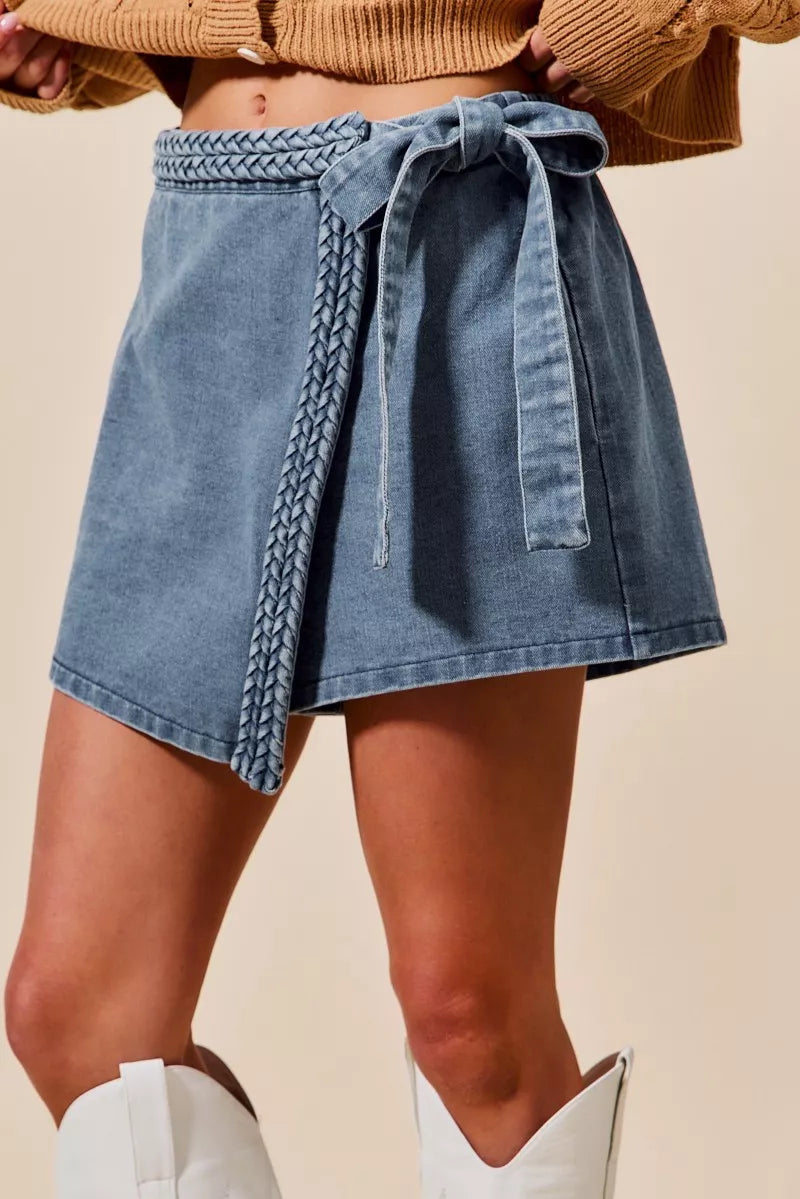 Wrap Braided Trimmed Denim Skort