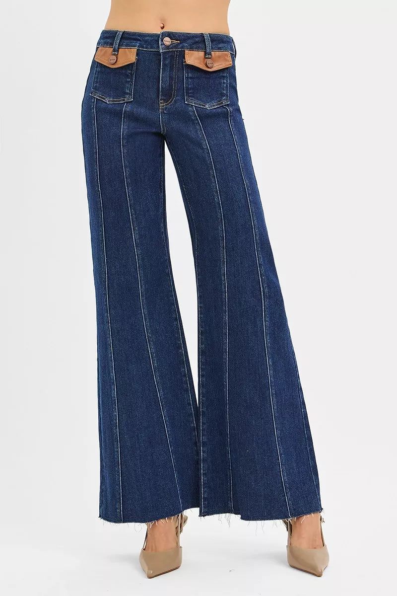 High Rise Wide Flare Jeans with Front Leather Pocket Detail