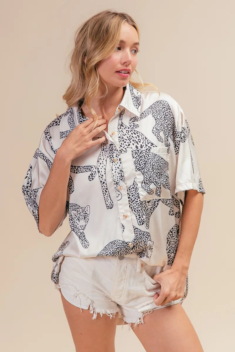 Leopard Print Short Sleeve Silky Satin Shirt Top