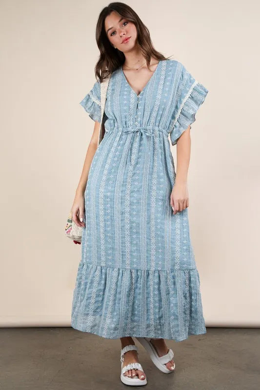 Embroidered Boho Ruffled Midi Dress