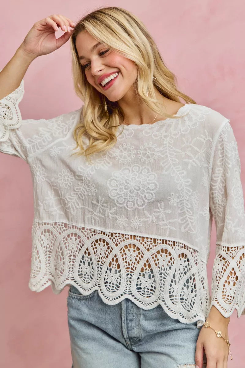Floral Embroidered Crochet Lace Trimmed Top