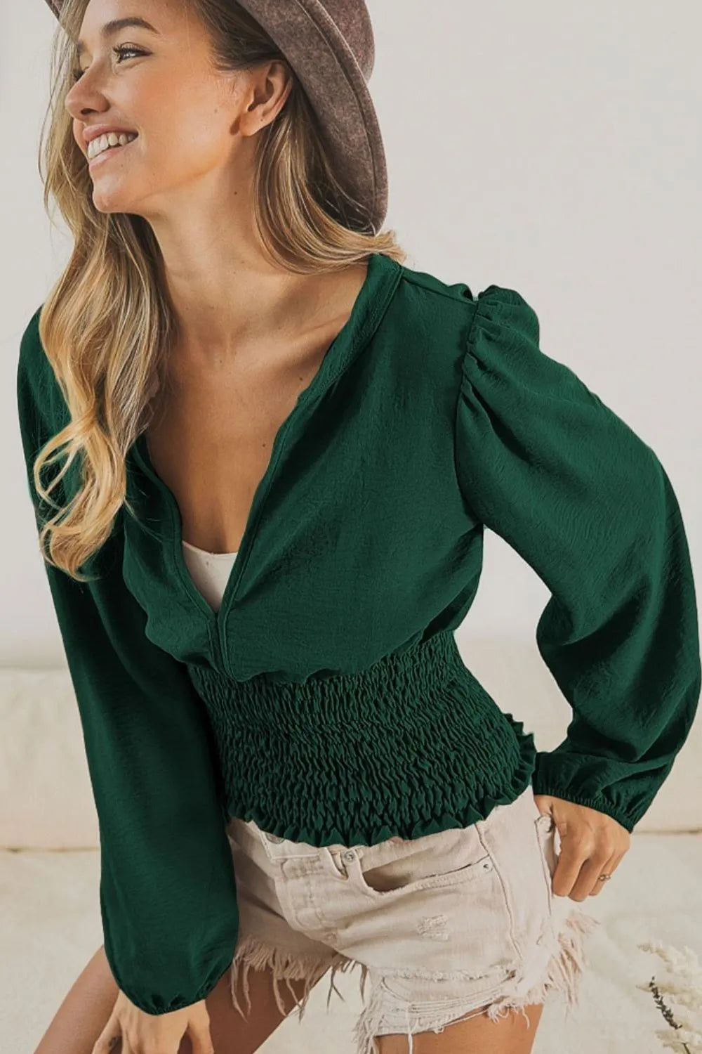 Smoking Waist Band and Puff Sleeves Deep V Neck Top
