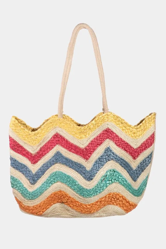 Wavy Rainbow Straw Tote Bag