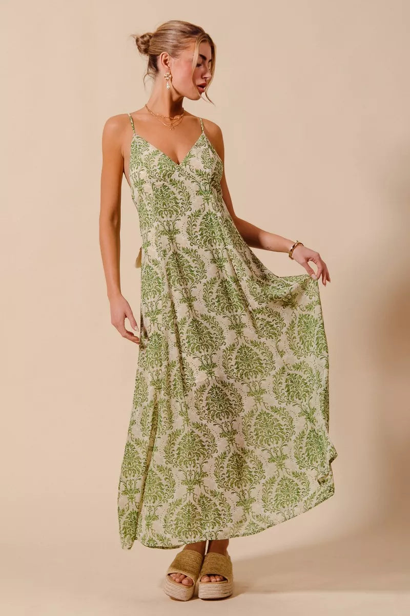 Damask Floral Summer Maxi Flowy Dress With Open Back