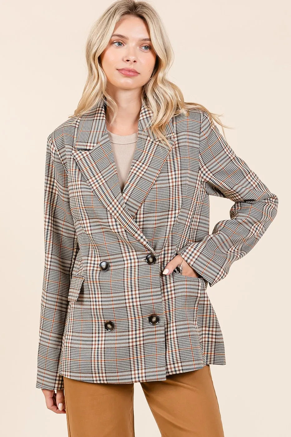 Plaid Double Breasted Relaxed Fit Blazer