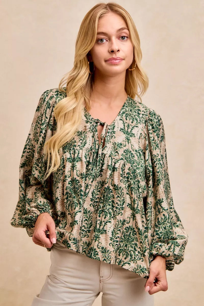 Printed Woven Front Tied Blouse with Baloon Sleeve