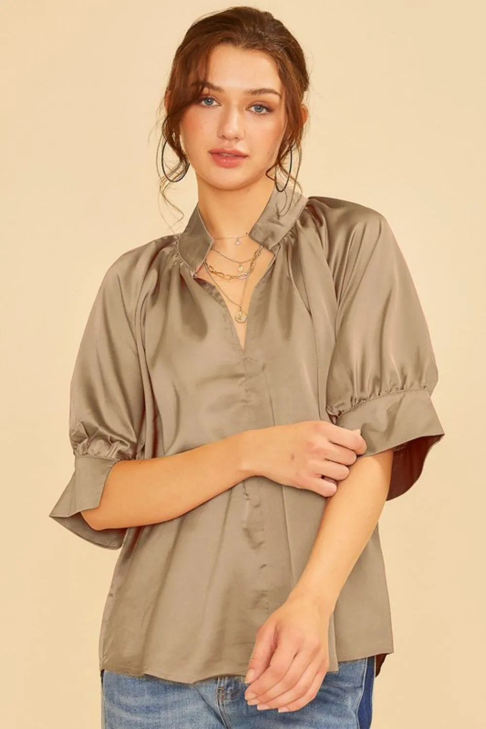 Satin V Neck Open Short Sleeve Woven Blouse Top