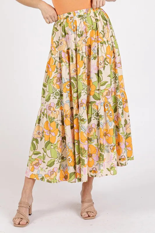 Flower Print Elastic Waist Tiered Skirt