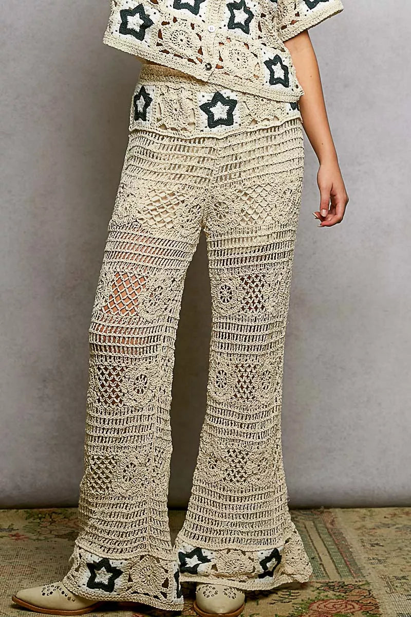 Openwork Crochet Flare Pants with Contrast Star