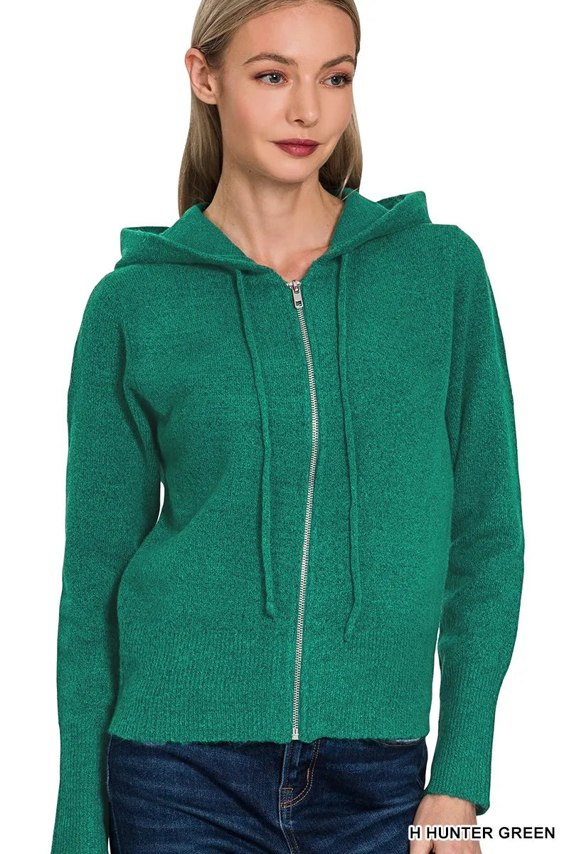 Drawstring Zip Up Hooded Cardigan
