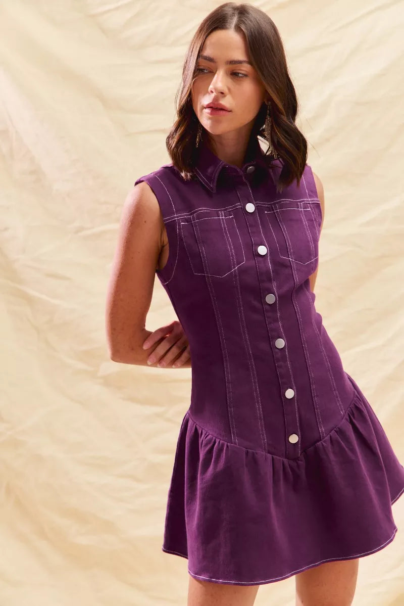 Button Down Sleeveless Collared Game Day Mini Dress