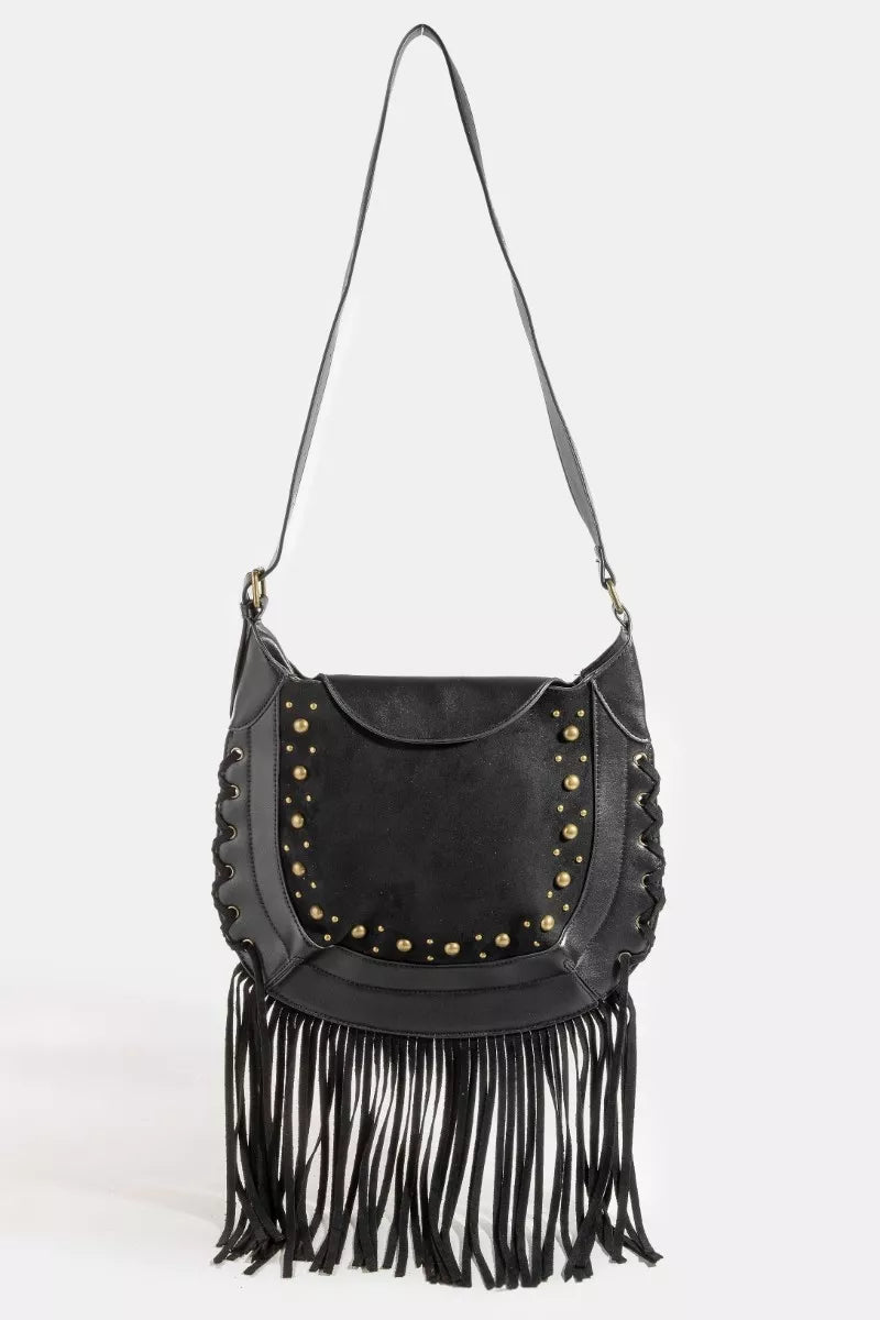 Rivet Trim Suede Fringe Shoulder Bag