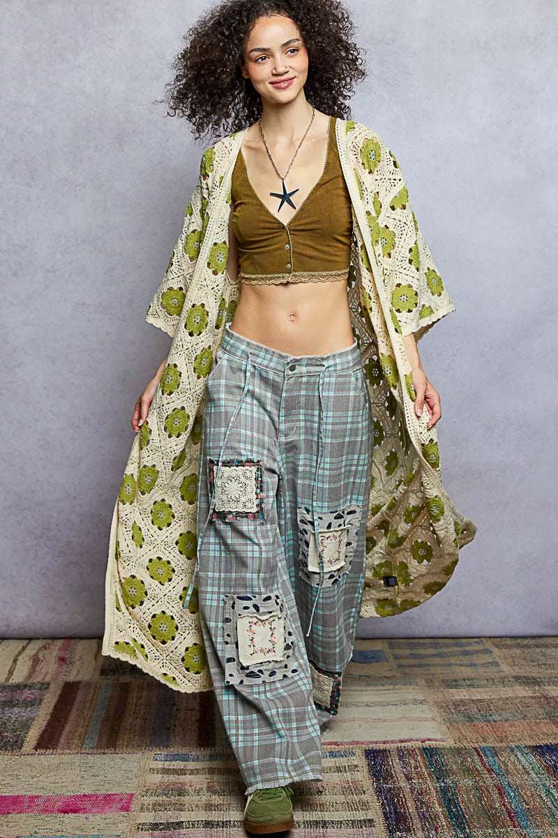 Open Front Floral Crochet Longline Cardigan