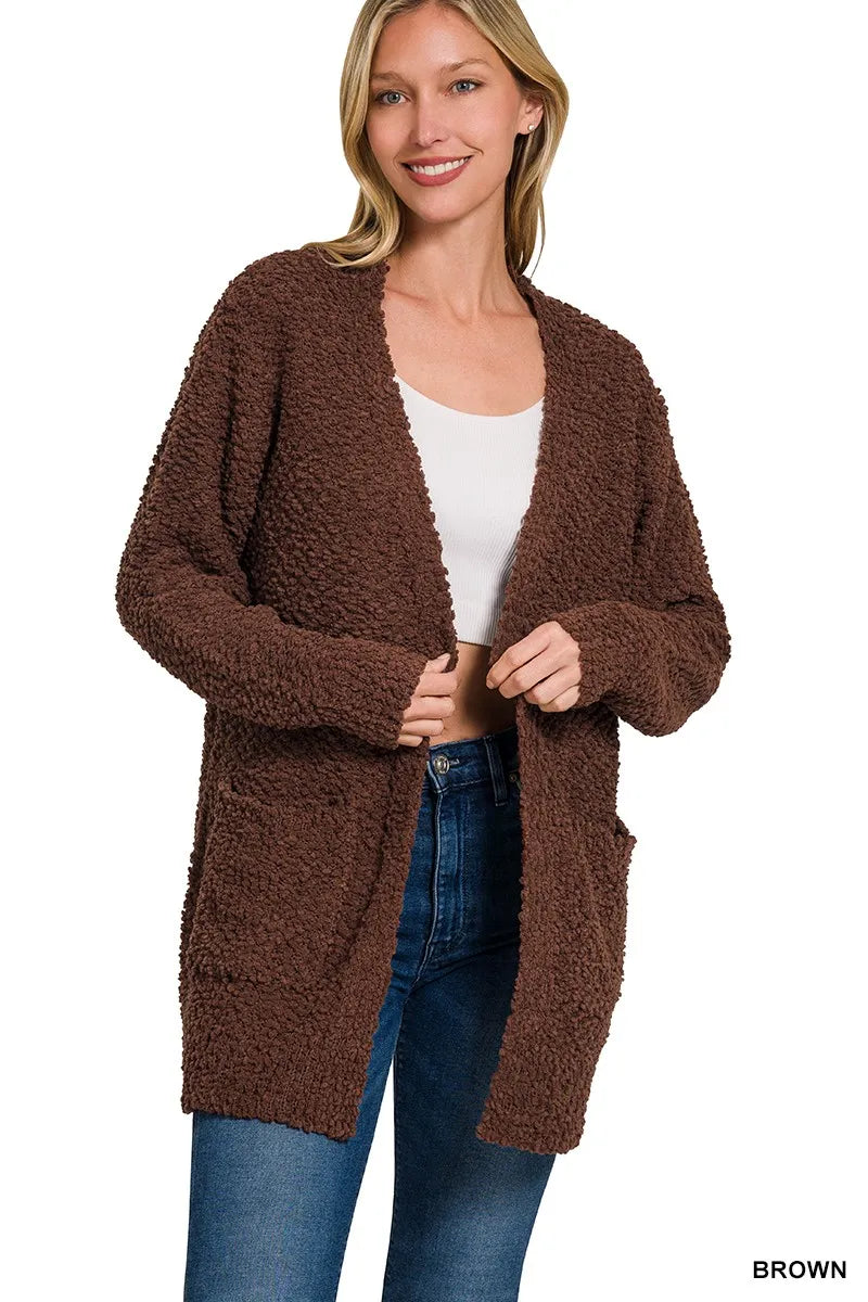 Long Sleeve Popcorn Sweater Cardigan with Pockets