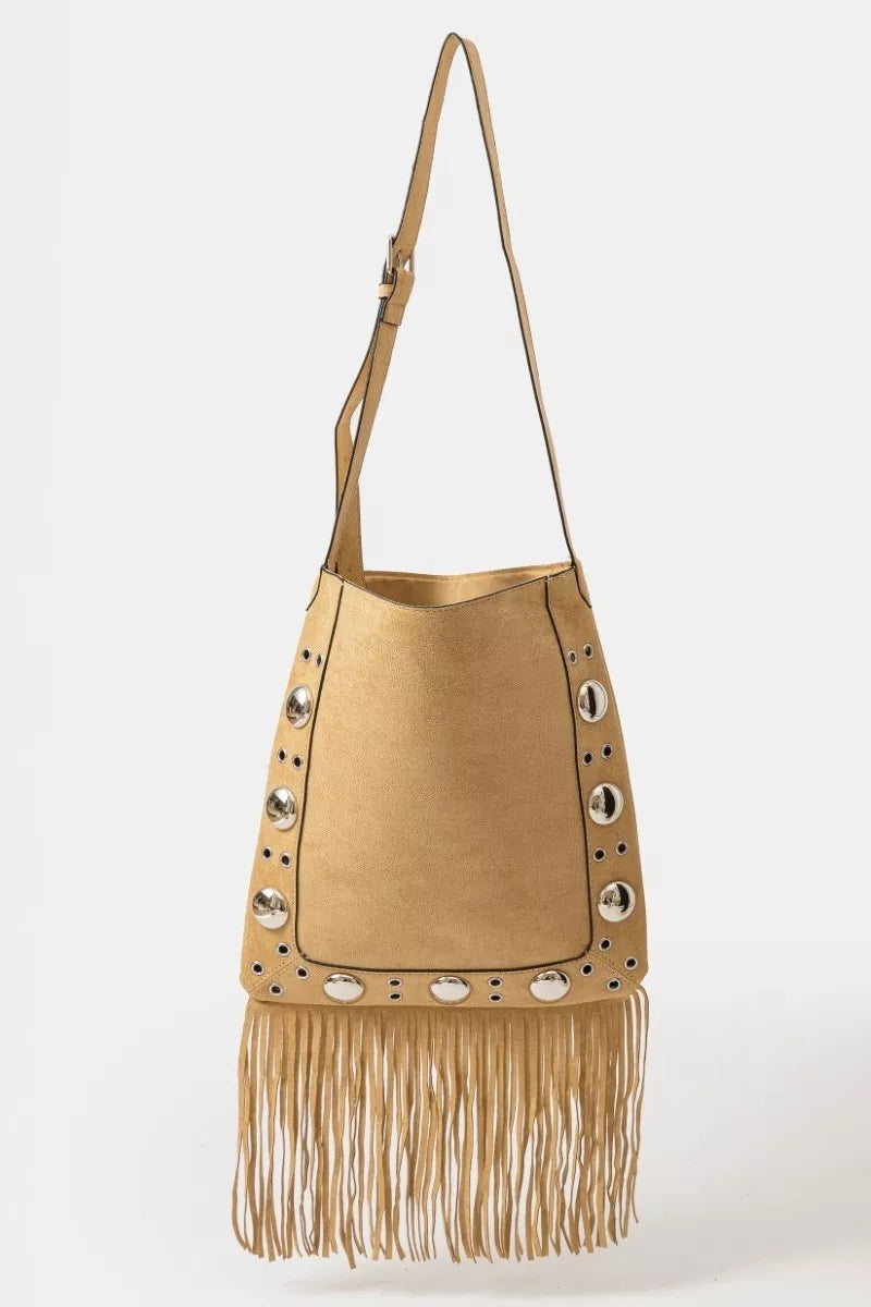 Faux Suede Grommet Accent Fringe Tote Bag