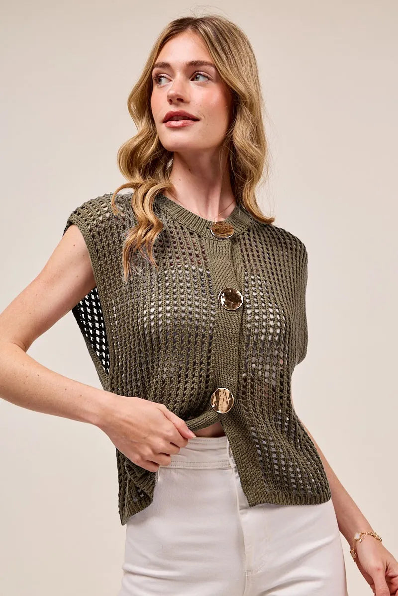 Big Metal Button Front Openwork Sweater Vest