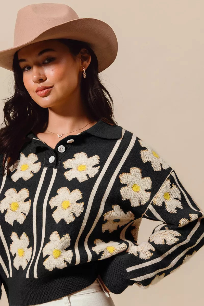 Floral Stripe Polo Collar Sweater