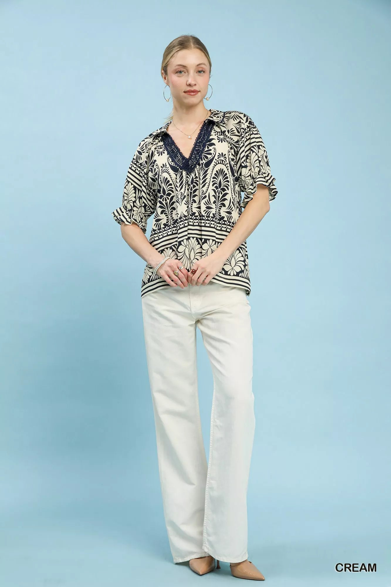 Two Tone Boarder Print Top