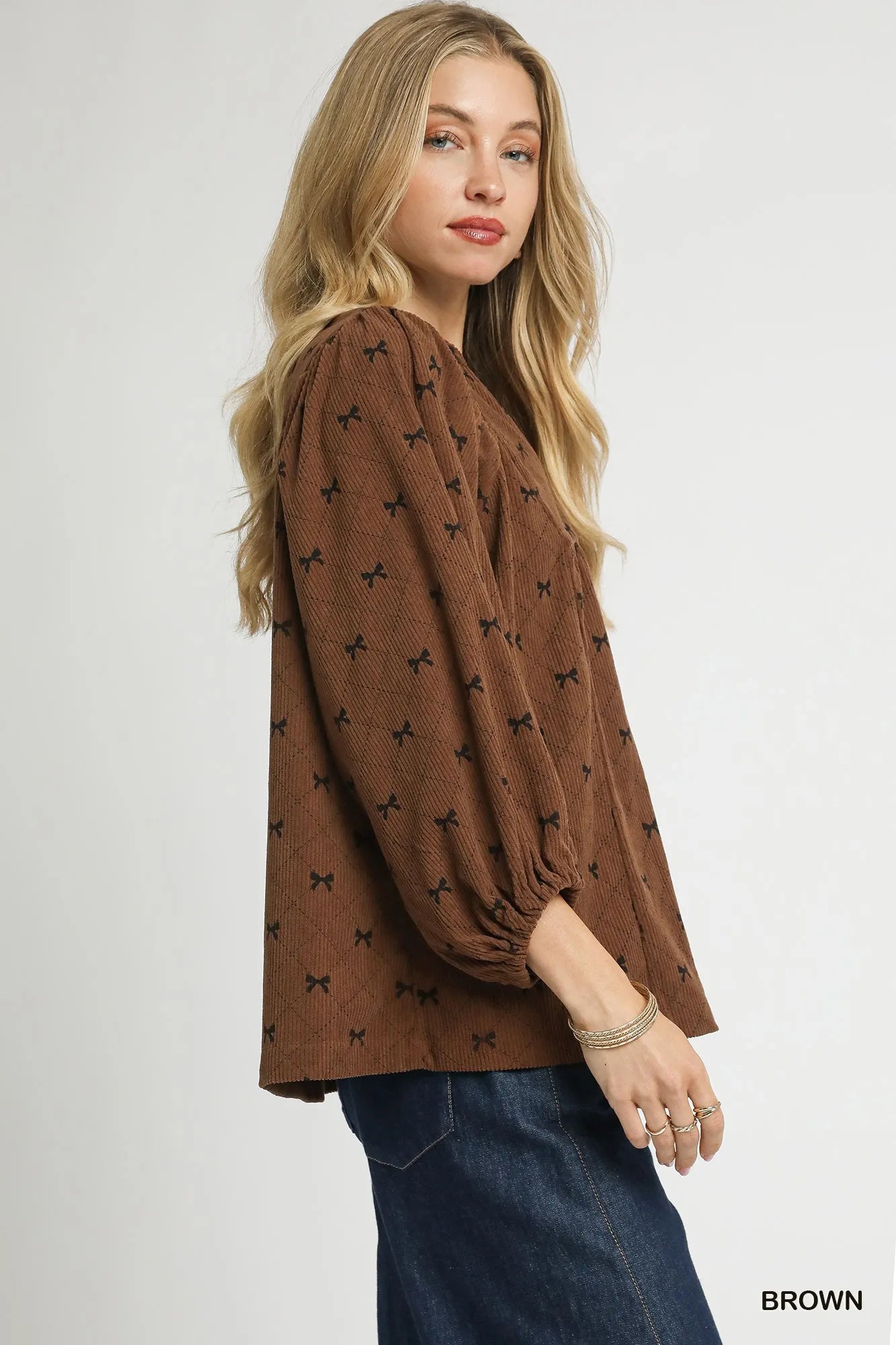 Corduroy Bow Print Balloon Sleeve Blouse