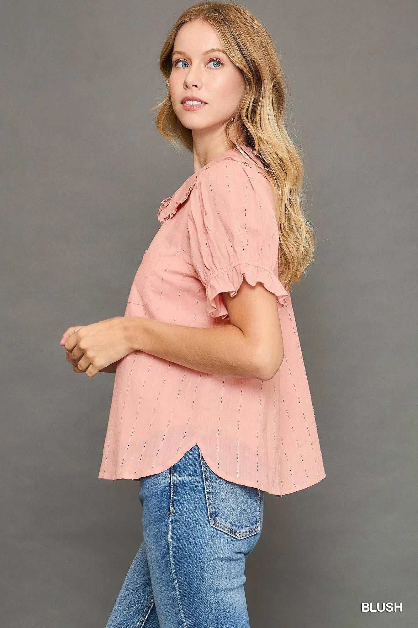 Peter Pan Collared Button Down Textured Shirt with Ruffled Detail