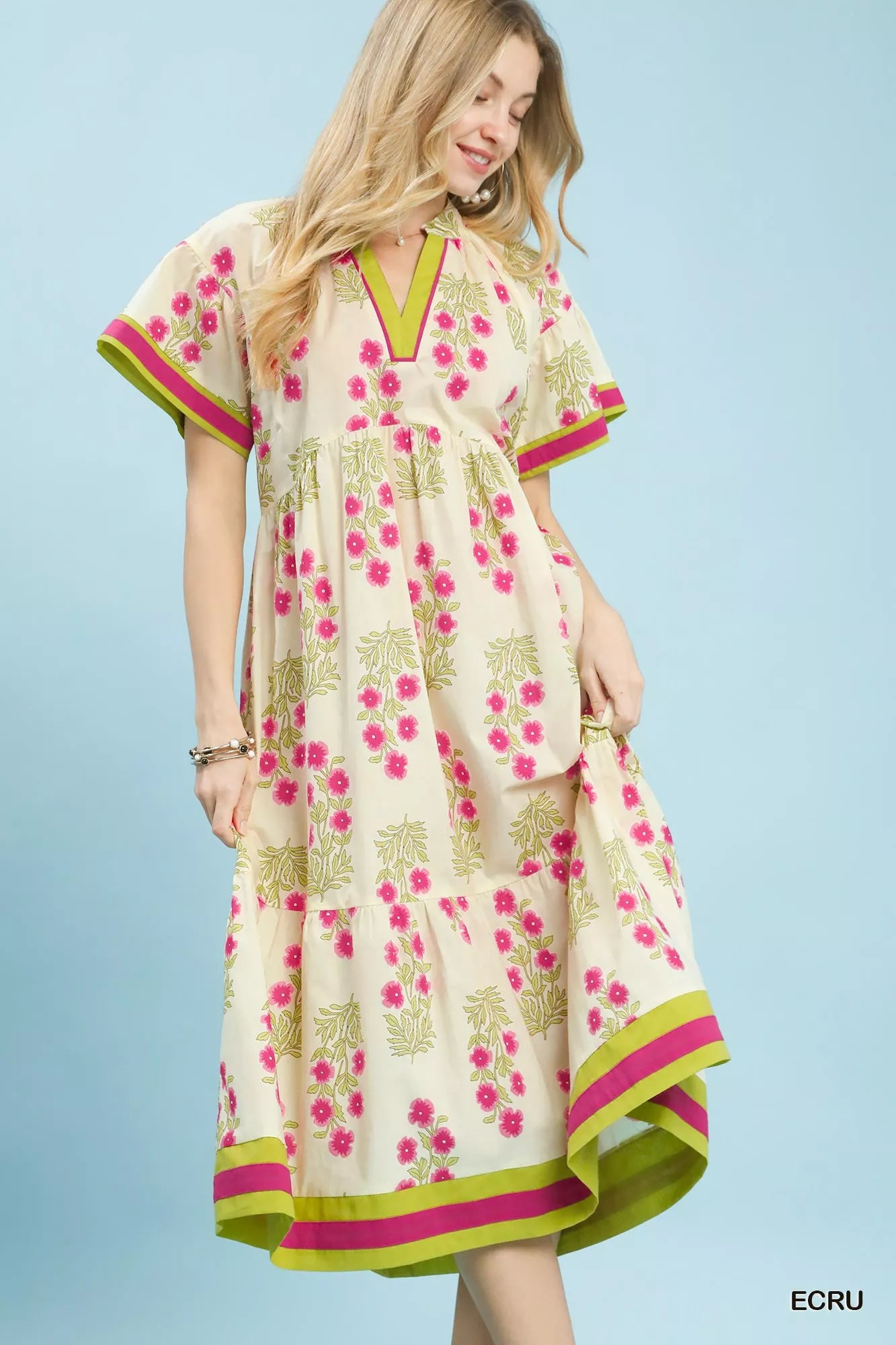 Floral Border Tiered Midi Dress