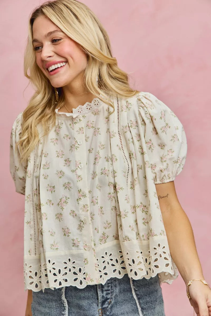 Floral Print Lace Trim Short Sleeves Blouse