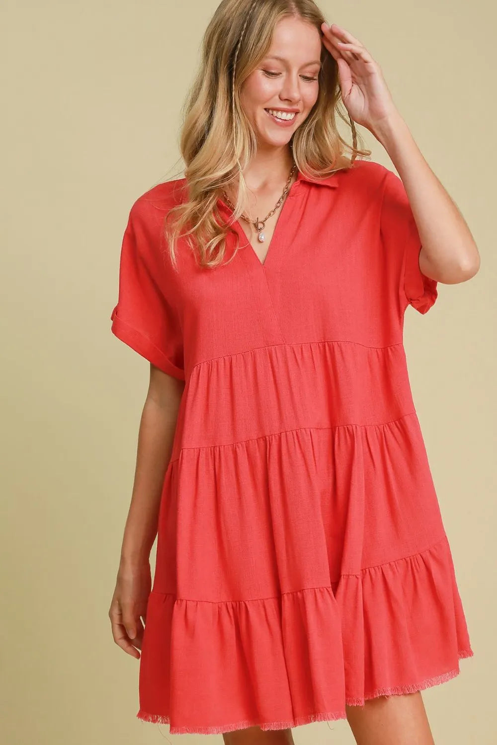 Full Size Raw Hem Folded Sleeve Tiered Dress Plus Size