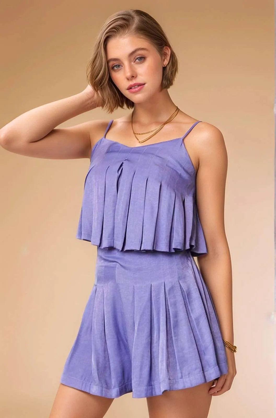 Pleated Body Elastic Back Babydoll Strappy Top