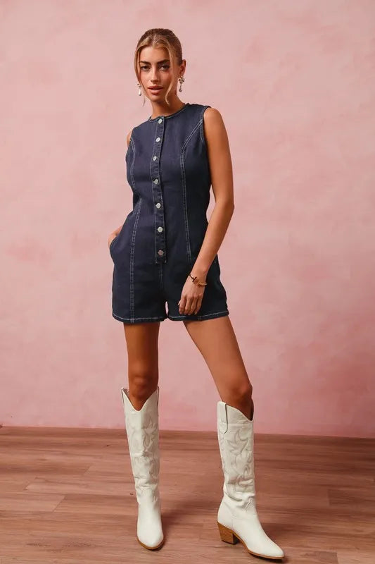 Button Up Front Washed Denim Sleeveless Romper