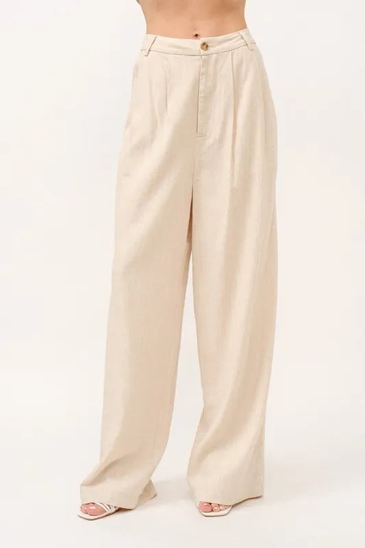 High-Rise Wide Leg Linen Blended Pants