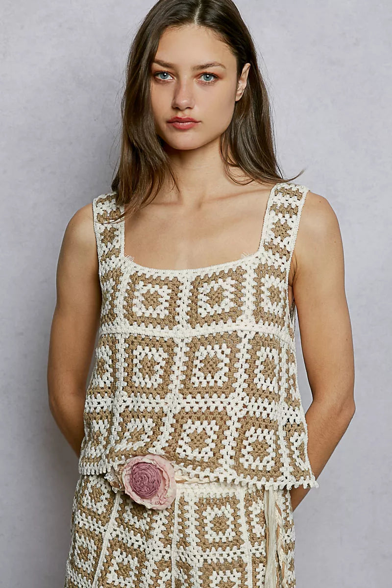 Openwork Square Neck Cropped Crochet Tank with Granny Square Weave