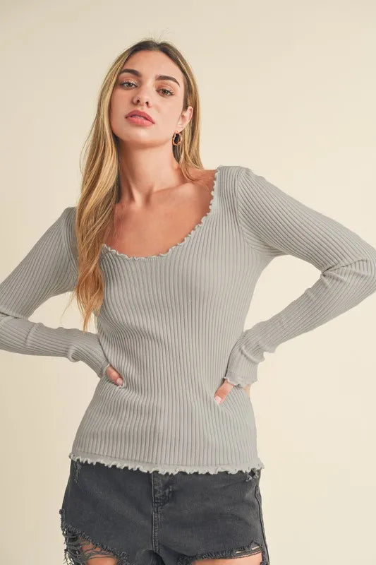 Lettuce Hem Scoop Neck Long Sleeve Knit Top