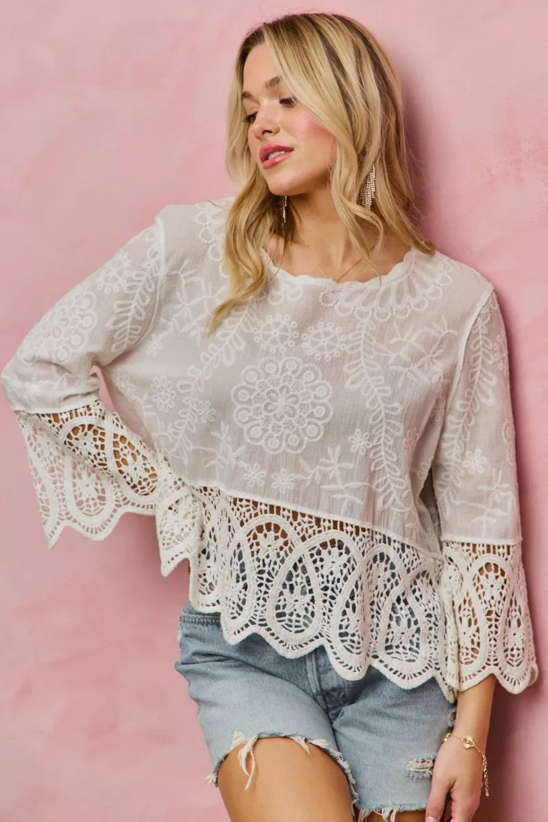 Floral Embroidered Crochet Lace Trimmed Top