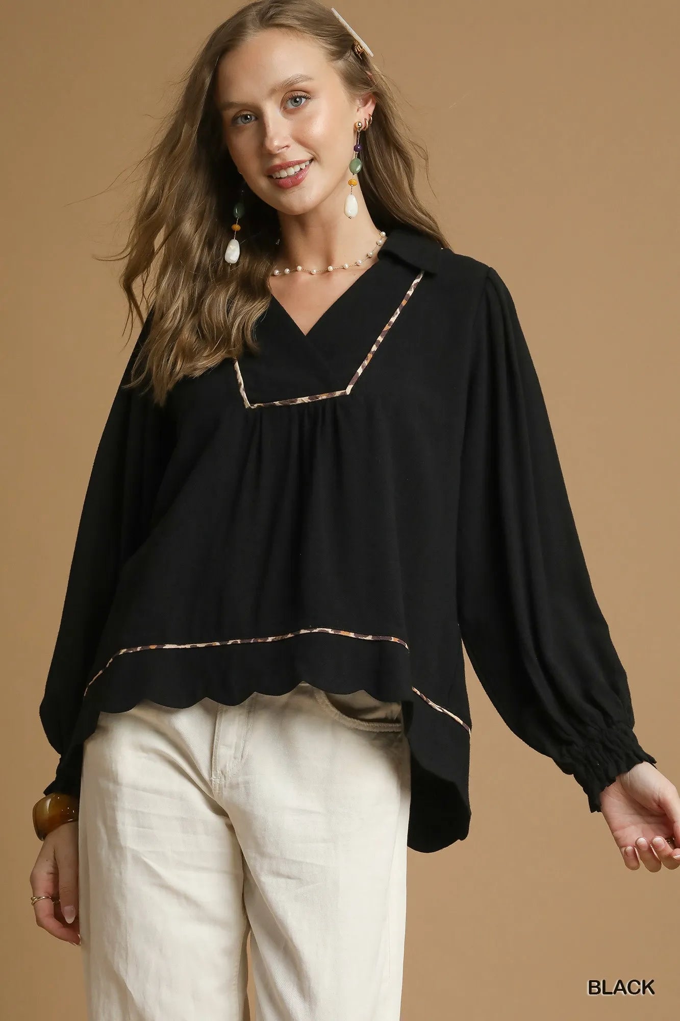 Full Size Linen Scallop Hem Blouse with Contrast Trim Plus Size