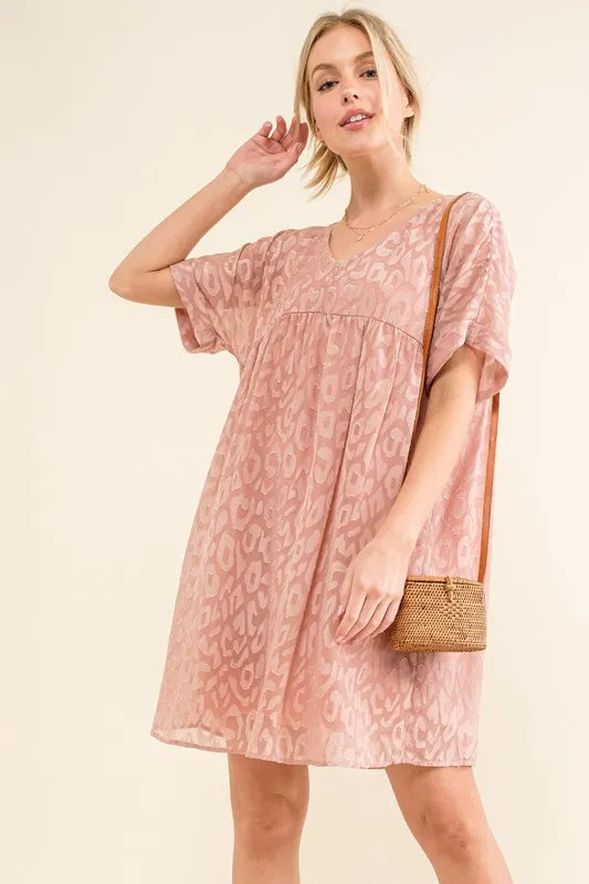 Woven Leopard Baby Doll Roll-Sleeve Casual Dress