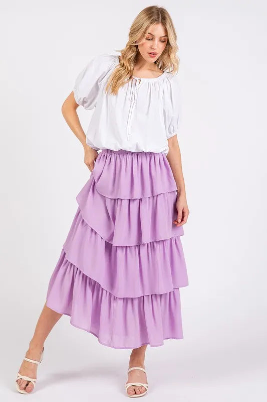 Chiffon Ruffle Layer Elastic Waist Midi Skirt