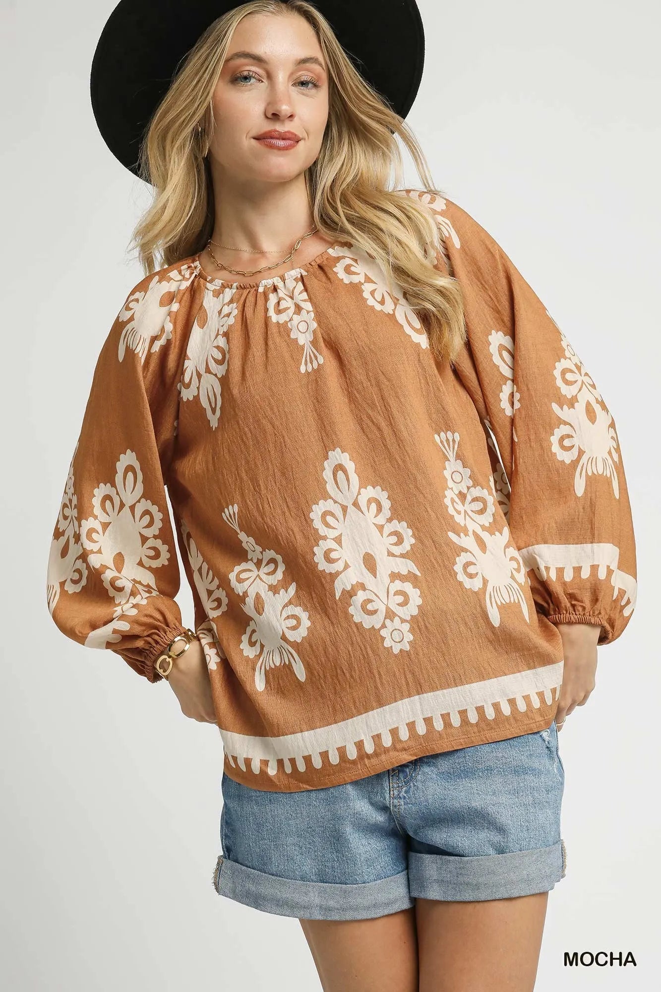 Full Size Two Tone Border Print Top with Balloon Sleeves Plus Size