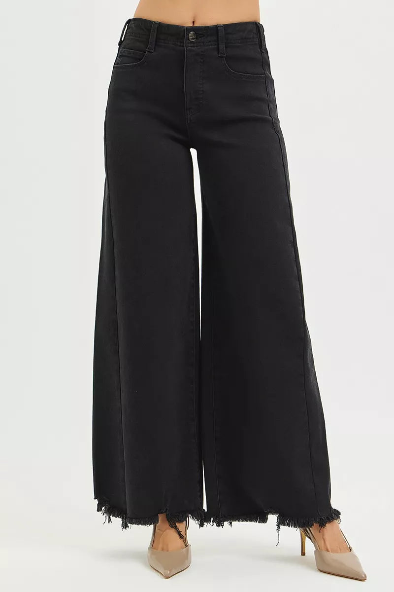 Tummy Control High Rise Palazzo Leg Frayed Hem Jeans