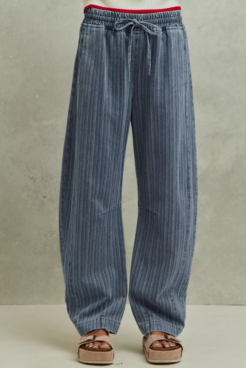 Stripe Denim Barrel Jeans Drawstring Waistband