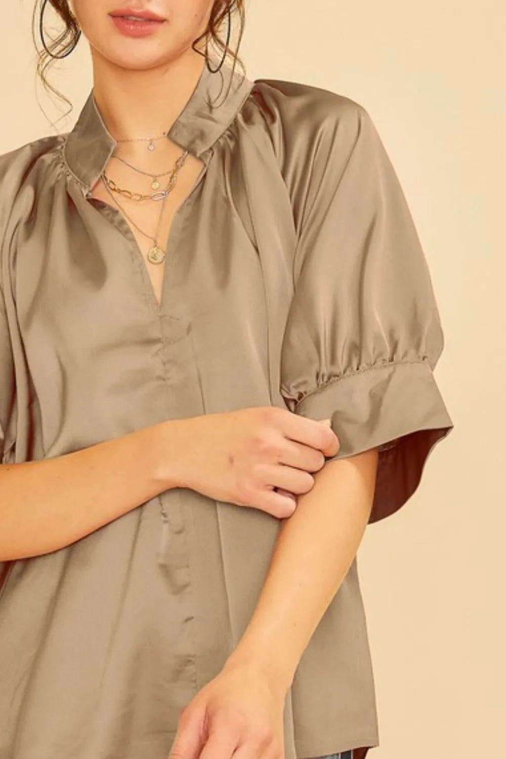 Satin V Neck Open Short Sleeve Woven Blouse Top